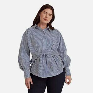 LRL Ralph Lauren Tie-Front Cotton Broadcloth Shirt Pinstripe